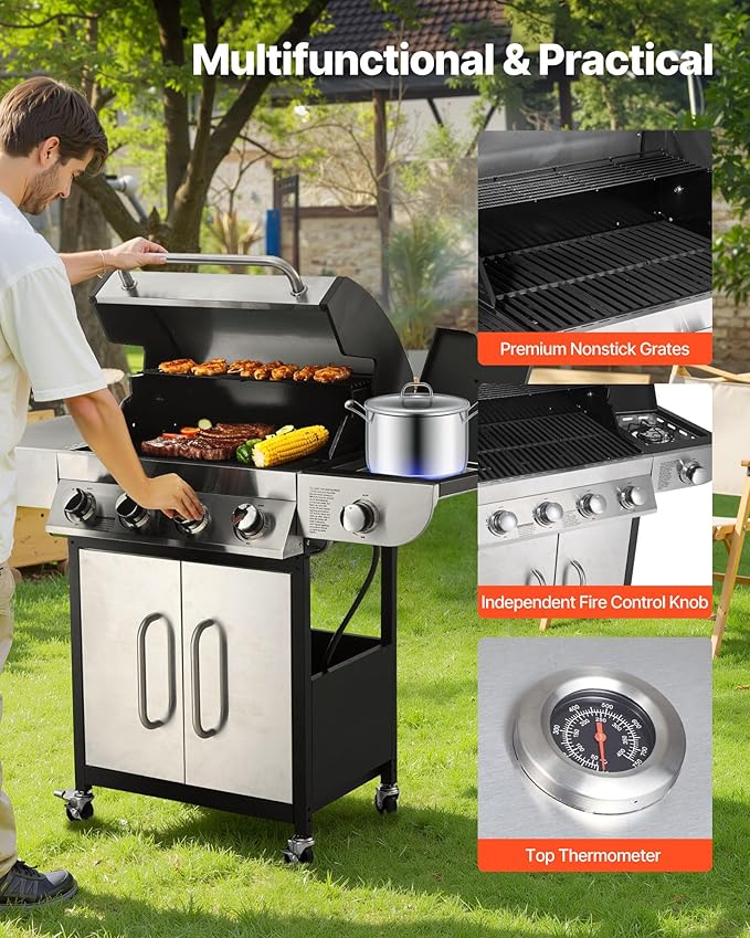 VEVOR Gas Grill 4 Burner Propane Gas Grill with Side Burner 425 SQ.In Grilling Area Carbon Steel Enamel Grates Outdoor 52000 BTU Patio Garden BBQ Grills with Two Side Shelves Stainless Steel