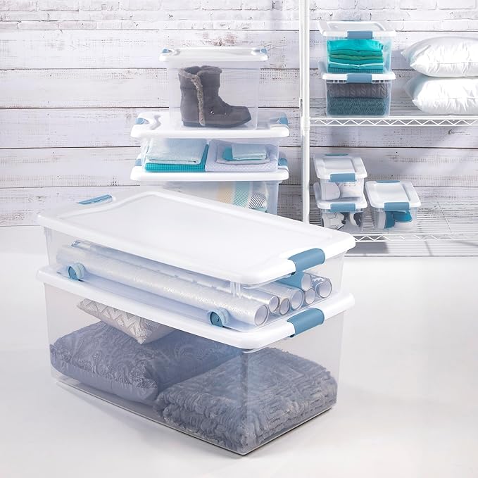 Sterilite 8-Pack Latching Box Under Bed Storage Bins with Lids Clear Plastic 56 Quart - Heavy-Duty Organizing Containers for Closet Bathroom and Office
