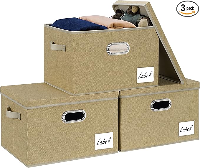 LHZK Extra Large Storage Bins with Lids [3-Pack] Linen Fabric Foldable Storage Boxes for Closet Organization 15.75x11.8x10.2 Stackable Storage Containers Storage Baskets for Organizing (Beige)