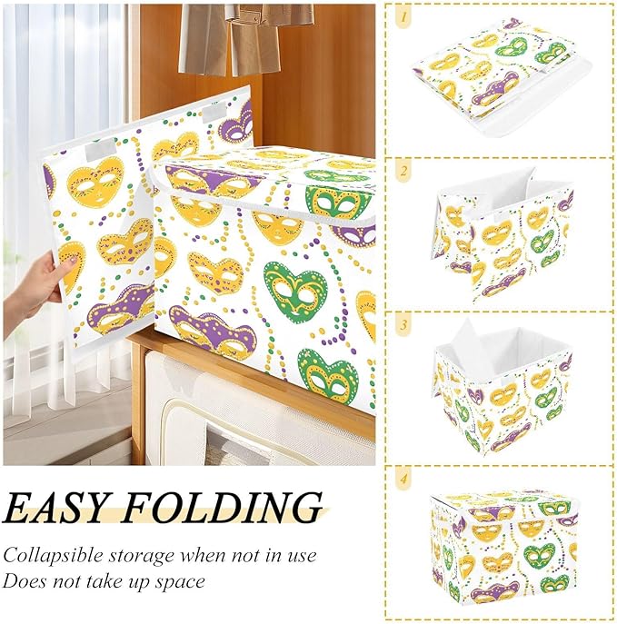 Mardi Gras Mask Fabric Storage Bins with Lids and HandleFoldable Storage Bins with LidsCloset Organizers for Clothes Storage Room Organization Office Storage Chest Organizer