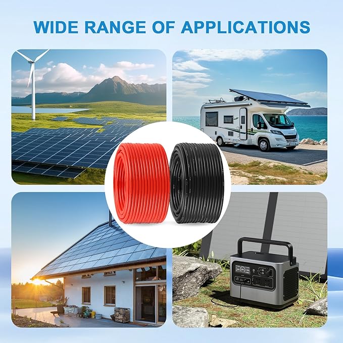 Solar Panel Wire 8 AWG - Solar Extension Cable 100Ft Black &amp 100Ft Red 8 Gauge Tinned Copper PV Wire for Outdoor Automotive RV Solar Panel Boat Marine (Black+Red)