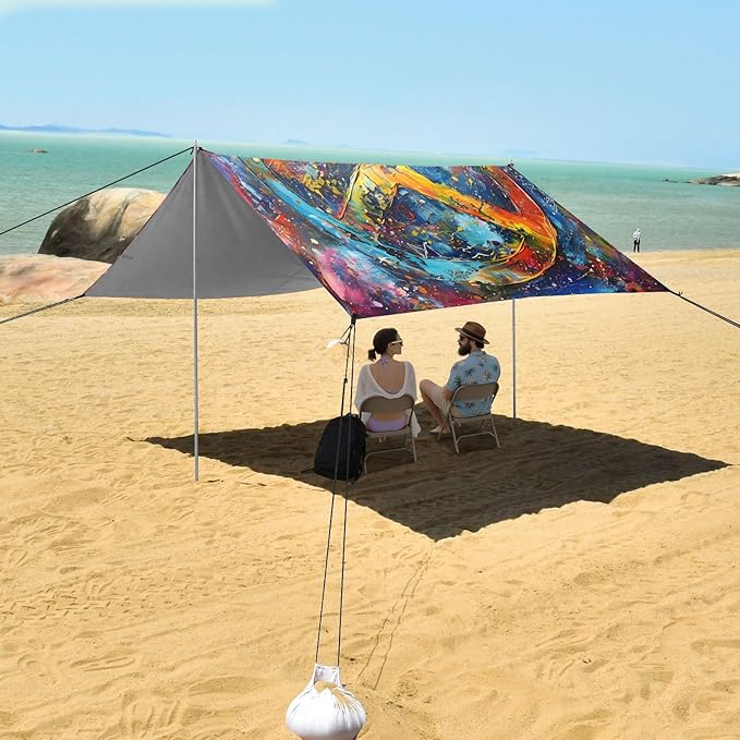 ALAZA Rainbow Peace Sign Beach Tent Sun Shelter UPF50+ Protection Beach Shade Canopy w/ 4 Sandbags for Outdoor Camping Fishing Backyard Fun Picnic 10x9 ft