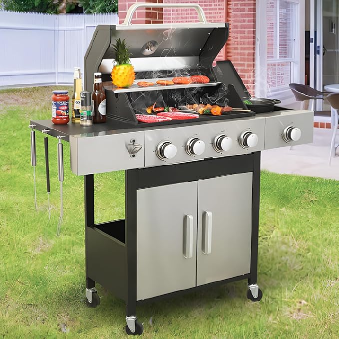 3-Burner Propane Gas BBQ Grill Stainless Steel Propane Grill 36900 BTU Outdoor Cabinet Style with Wheels Wire Rack and Two Foldable Side Table for Outdoor Barbecue Cooking (5-Burner GrillSilver)