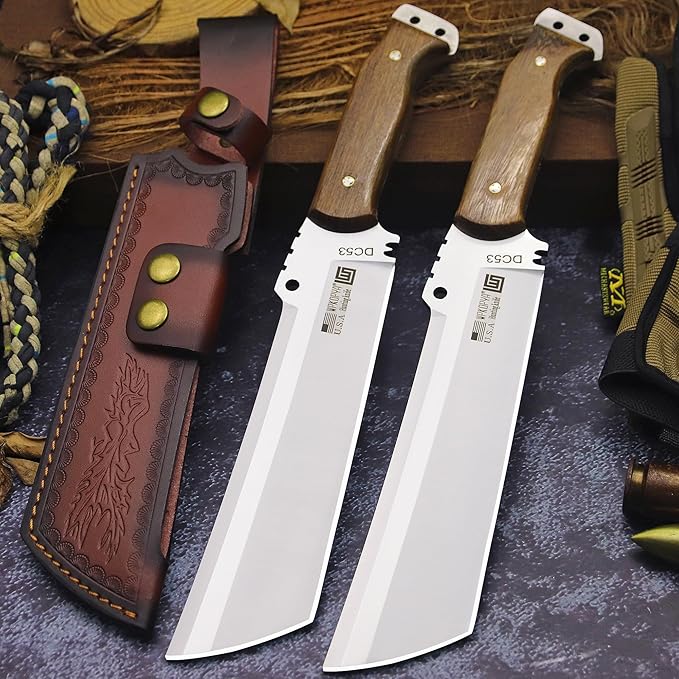 WPKOPYA Fixed Blade Outdoor Knife with Leather Sheath DC53 Steel Full Tang 6.6” Sharp Blade Wooden Handle 13.6” Tactical Survival Knife for Camping Hiking Bushcraft Cooking &amp Utility Use