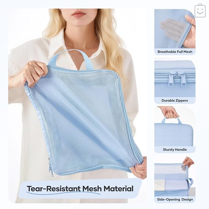 Veken 11 Set Compression Packing Cubes for Travel EssentialsCompressible Expandable Large Luggage Suitcase Organizer Bags for ClothingDurable Space Saver Storage Bags with Toiletry Bags(Light Blue)