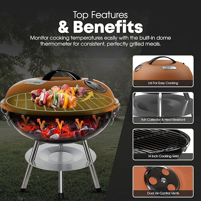 GasOne – 14-inch Portable Barbecue Grill with Thermometer - 3-Point Locking Lid for Heat Preservation – Dual Venting System – Small Charcoal Grill for Backyard Camping Boat