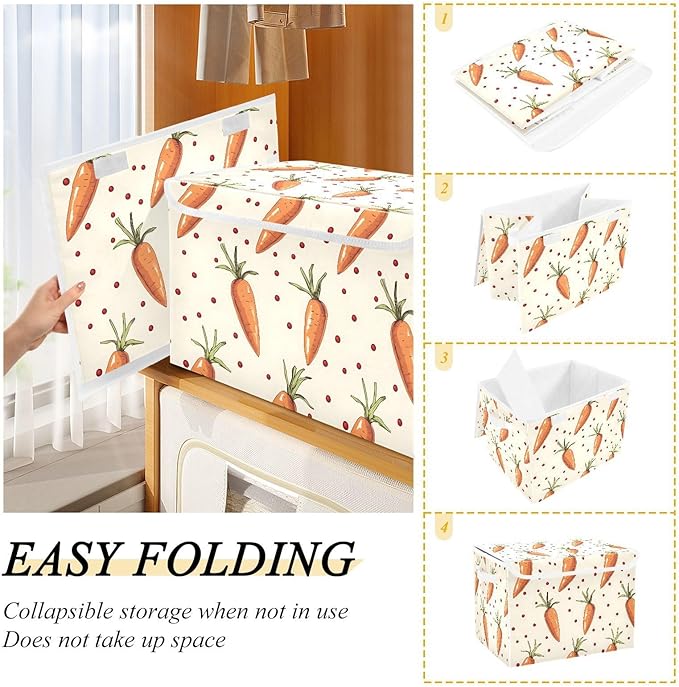 Carrot Cartoon Storage Cube Bins Basket with Lid Collapsible Flip-top Fabric with Handle for Home Bedroom Closet Office 16.5×12.6×11.8 in