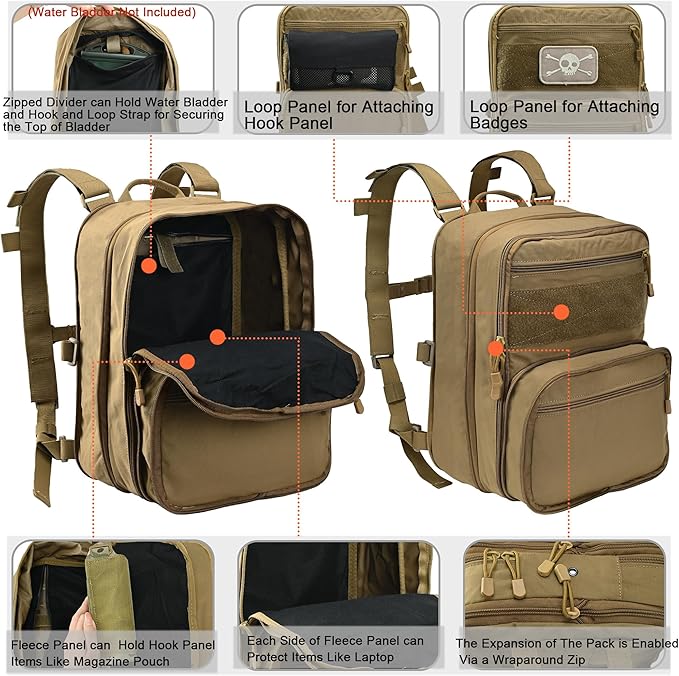 Tactical Expandable Flatpack Chest Rig Backpack MOLLE Assault Pack Hydration Pack for PC Vest (Coyote Brown)