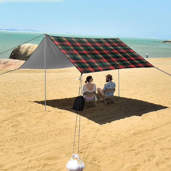 ALAZA Red Green Tartan Check Beach Tent Sun Shelter UPF50+ Protection Beach Shade Canopy w/ 4 Sandbags for Outdoor Camping Fishing Backyard Fun Picnic 10x9 ft