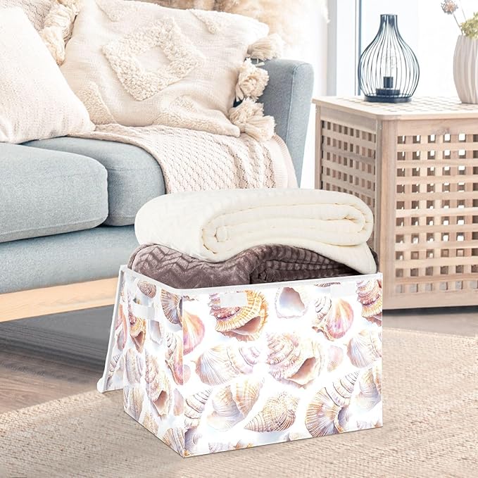 AIXIWAWA Lidded Storage Cube (Pattern Sea Shells) Fabric Foldable Closet Bins with Flip Lid and Handles Organizer Basket Container 16.5 x 12.6 x 11.8 IN