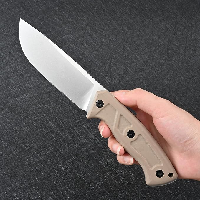 Knives 14C28N Steel Tactical Fixed Blade Knife with kydex sheath G10 Handle for Men EDC Outdoor Camping Survival Hunting (White stone wash+khaki G10)