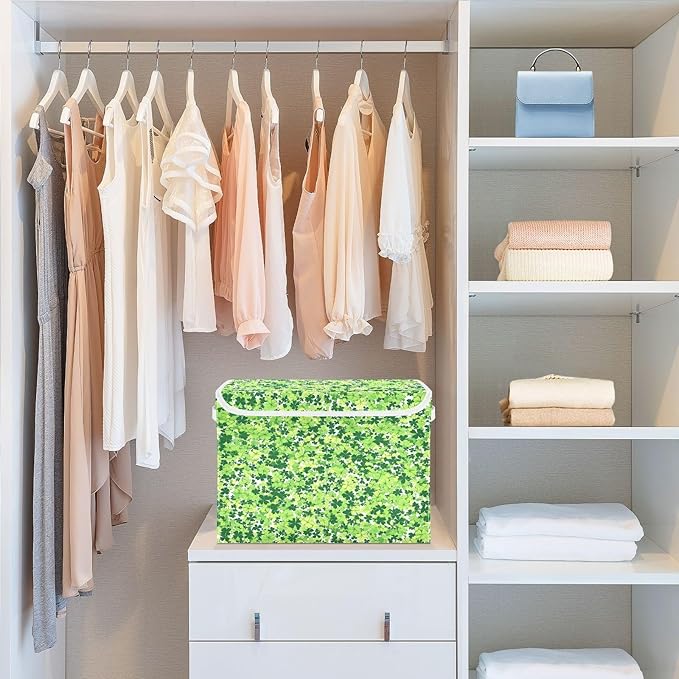 Clover Pattern Fabric Storage Bins with Lids and HandleFoldable Storage Bins with LidsCloset Organizers for Clothes Storage Room Organization Office Storage Chest Organizer