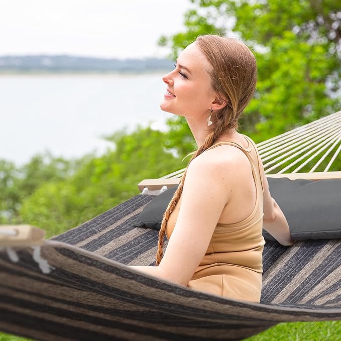 SUNCREAT Double Quilted Hammock with Hardwood Spreader Bar Extra Large Soft Pillow Heavy Duty 2 Person Hammock for Indoor Outdoor Gray Stripes