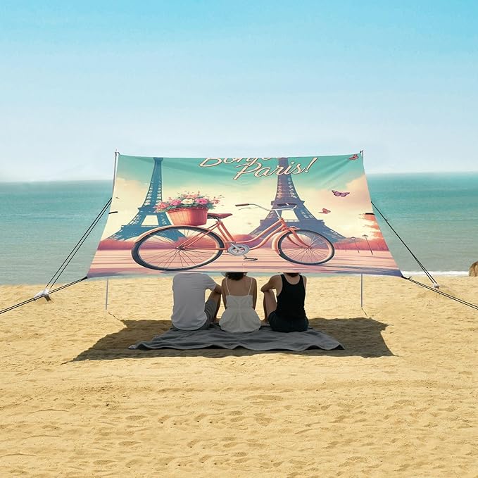 Beach Canopy with Windproof Ropes &amp Sandbags Beach Tent Sun Shade Sun Shelter for Camping Trips Fishing Backyard Fun or Picnics Eiffel Tower