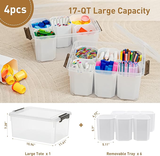 Citylife 17 QT Plastic Storage Bins Clear Storage Box with Lids Multipurpose Stackable Storage Containers for Organizing Tool Craft Crayon 4 Packs