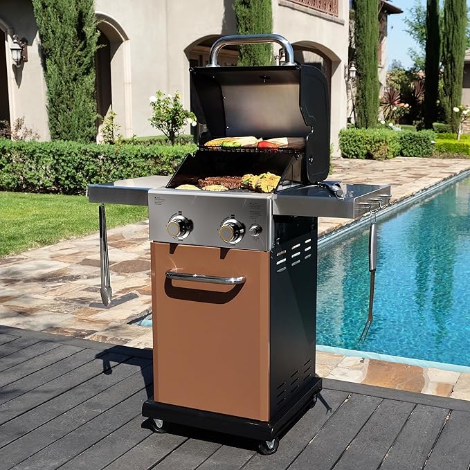 Permasteel 2-Burner Propane Gas Grill BBQ Grill with Foldable Side Tables &amp Tool Hooks Perfect for Outdoor Cooking Patio &amp Garden Copper