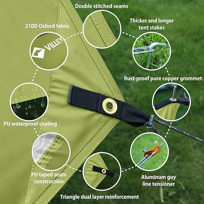 VILLEY Hammock Tent Rain Fly Octagonal Waterproof Camping Tarp Sun Shelter for Camping Backpacking Hiking Accessory Includes Stakes Ropes and Carry Bag (Green)