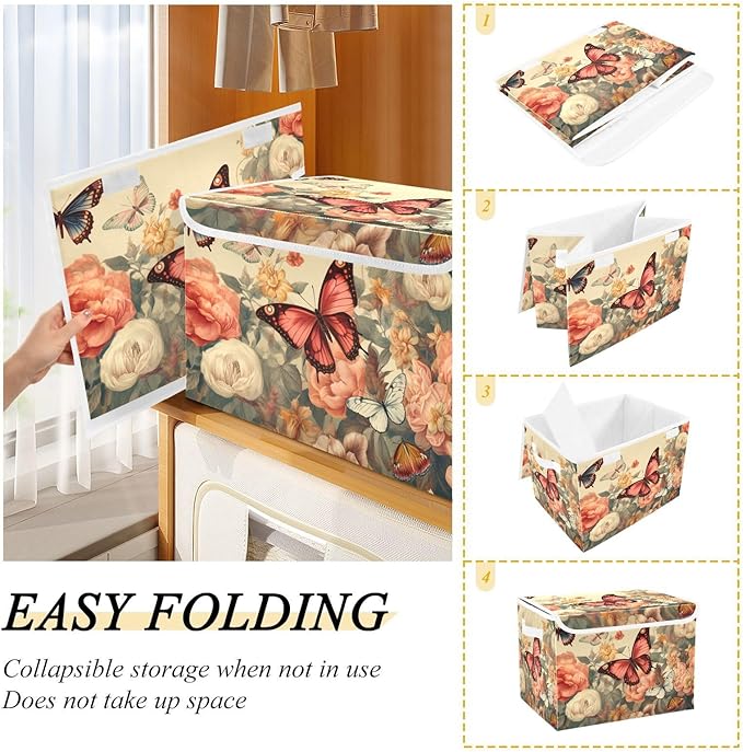 Butterfly Garden Colorful Collapsible Storage Bins with Lids &amp Handles Foldable Storage Boxes Basket with Flip-Top Lid for Home Office 16.5” x 12.6” x 11.8”