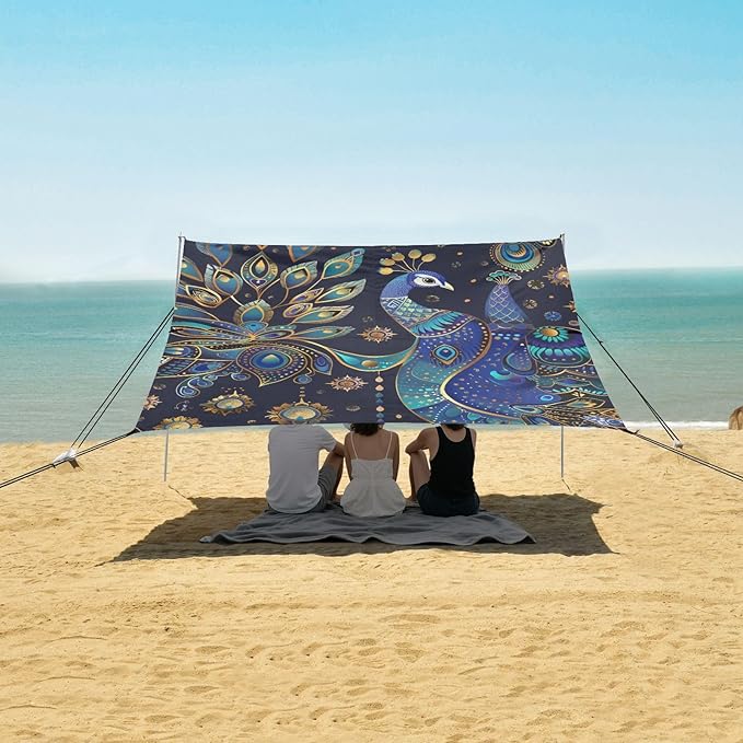 ALAZA Boho Astrology Peacock Beach Tent Sun Shelter Portable Canopy Sunshade for Outdoor Camping Picnics Backyard Fun 10x9 ft