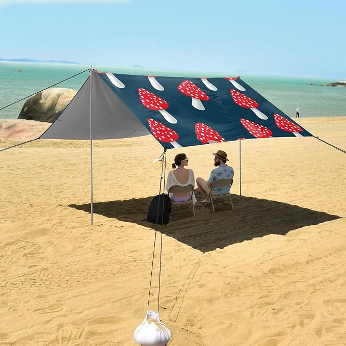 xigua Mushroom Beach Tent Sun Shelter with Carrying Bag - Silver Coated Oxford Fabric Beach Canopy for Beach Camping Fishing - Includes Windproof Ropes Sandbags &amp Stakes
