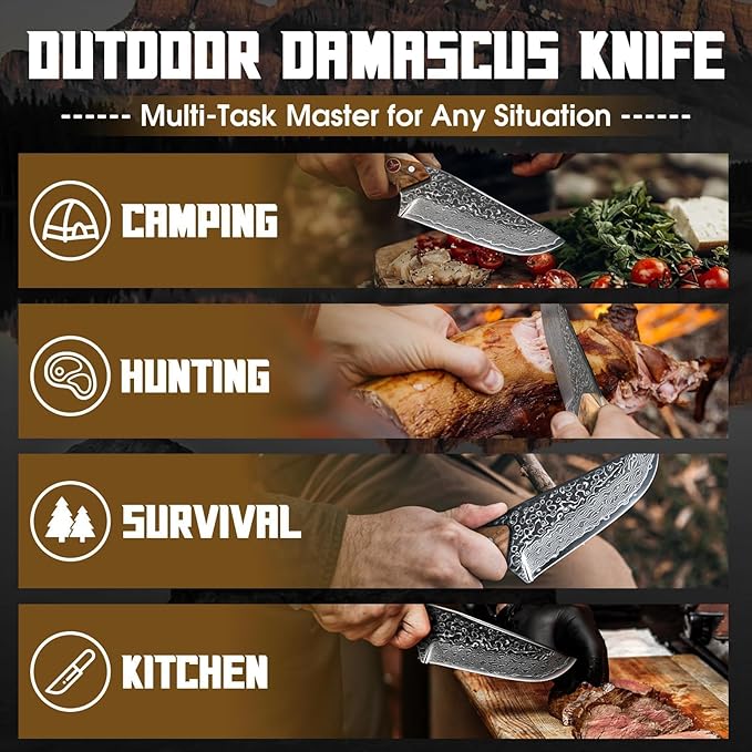 TAN REN Damascus Fixed Blade Knife Outdoor Survival Knife with Sheath Full Tang Bushcraft Knives with Wood Handle Brown Hunting Knives Gift for Men Camping Outdoor Cooking Gift for Him
