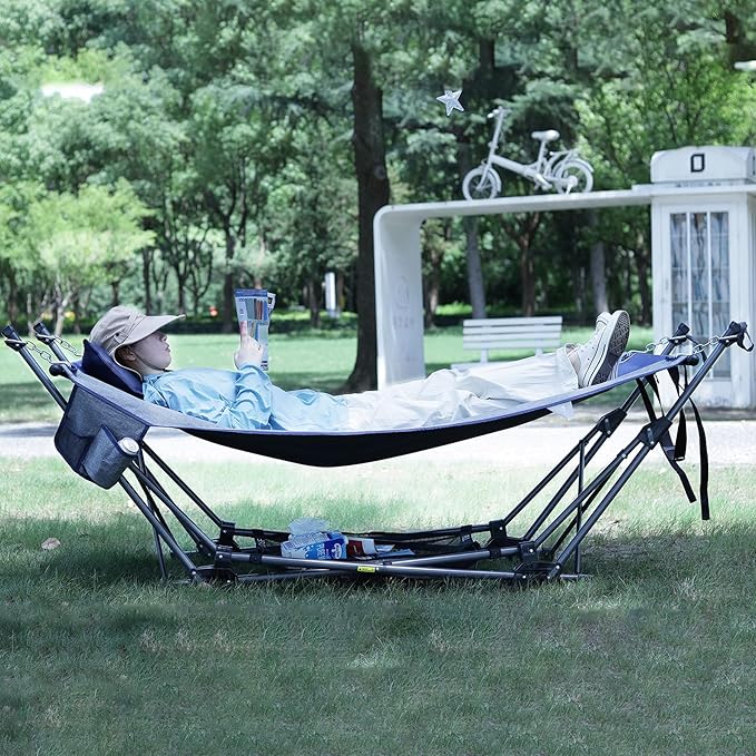 RedSwing Camping Hammock with Stand XXL Portable Hammock with Removable Pillow and Storage Net Foldable Heavy Duty Steel Frame Space Saving for Indoor Outdoor Backyard Beach Garden