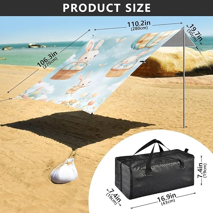ALAZA Cute Bunnies Baskets Easter Eggs Hot Air Balloons Beach Tent Sun Shelter Portable Canopy Sunshade for Outdoor Camping Picnics Backyard Fun 10x9 ft