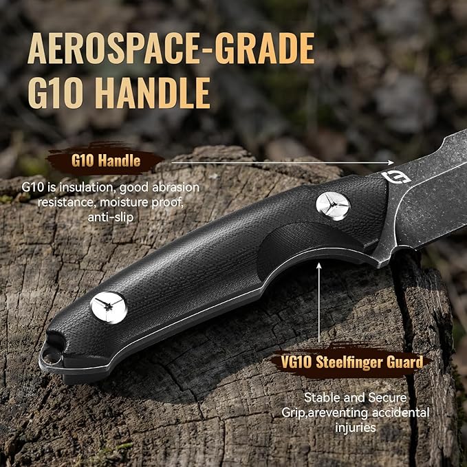 Emojoy Fixed Blade Knife with Sheath Black Stonewash Blade 4.33 Camping Knife with G10 Handle &amp Hidden Tool Full Tang Survival Knife for Camping Bushcraft - Includes Compass Whistle and Sheat