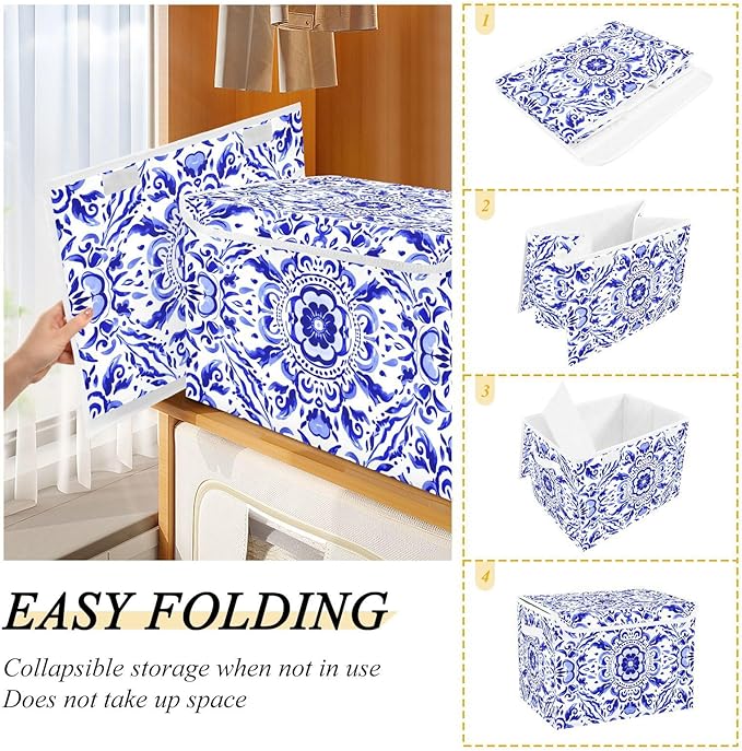 Blue Ornamental Pattern Lidded Storage Bins with Handles - 16.5x12.6x11.8 Foldable Organizing Box Oxford Fabric &amp Honeycomb Board Dust-Proof Flip Lid for Closet/Office