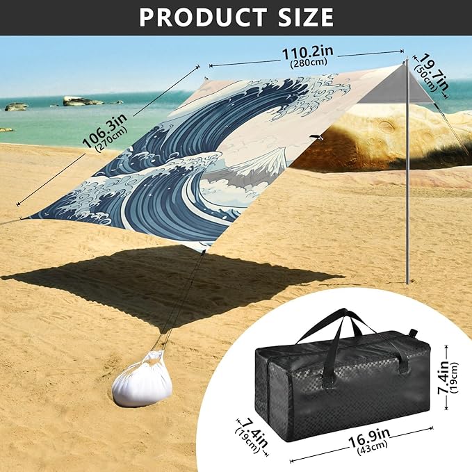 Beach Canopy with Windproof Ropes &amp Sandbags Beach Tent Sun Shade Sun Shelter for Camping Trips Fishing Backyard Fun or Picnics Waves