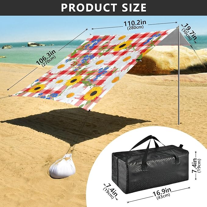 Beach Canopy with Windproof Ropes &amp Sandbags Beach Tent Sun Shade Sun Shelter for Camping Trips Fishing Backyard Fun or Picnics Floral