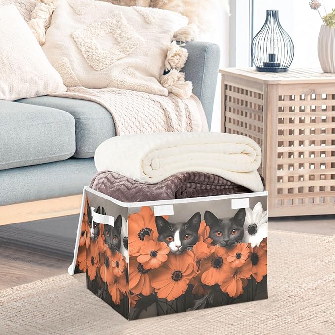 AIXIWAWA Lidded Storage Cube (Cats Flower) Fabric Foldable Closet Bins with Flip Lid and Handles Organizer Basket Container 16.5 x 12.6 x 11.8 IN