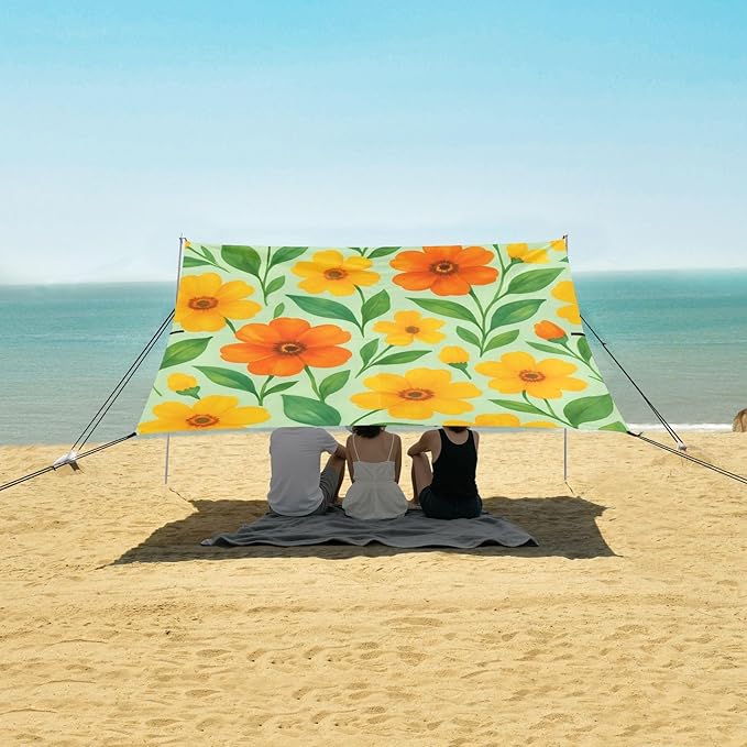 Beach Canopy with Windproof Ropes &amp Sandbags Beach Tent Sun Shade Sun Shelter for Camping Trips Fishing Backyard Fun or Picnics Flowers