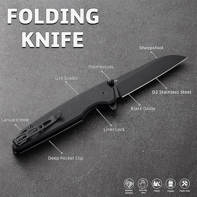 D2 Steel Folding Pocket Knife with Reversible Clip: 3.14 Black Sheepsfoot Blade Liner Lock G10 Handle Small EDC Flipper Knives Camping Tool for Man &amp Women