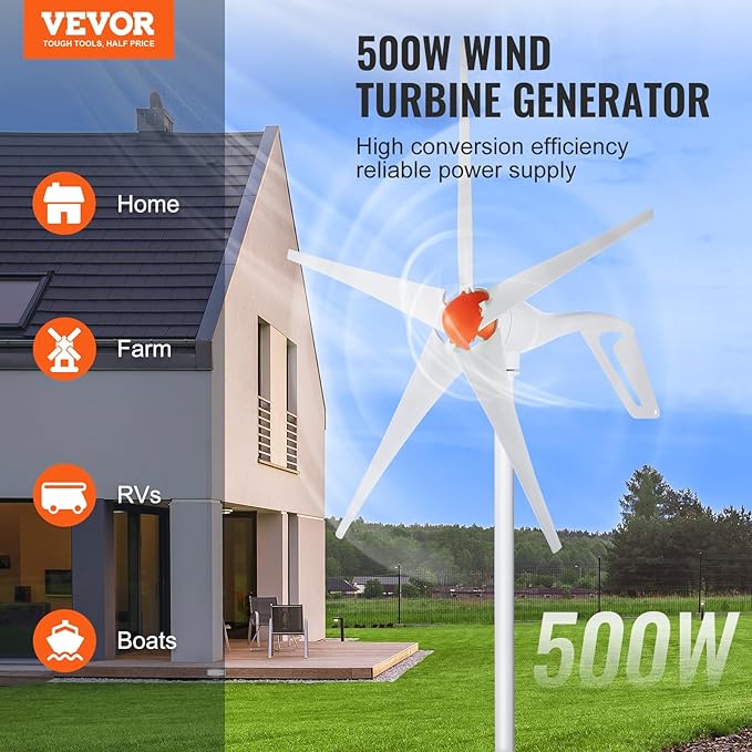 VEVOR 500W Wind Turbine Generator 12V Wind Turbine Kit 5-Blade Wind Power Generator with MPPT Controller Adjustable Windward Direction &amp 2.5m/s Start Wind Speed Suitable for Home Farm RVs B