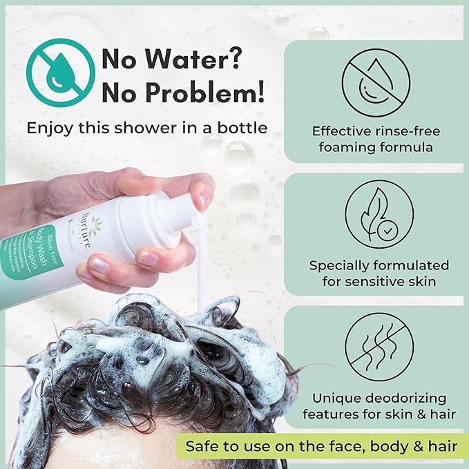 Nurture Rinse Free Body Wash &amp Shampoo w/Aloe | Hospital Grade Hair &amp Body Waterless Cleansing Foam | Women Camping Elderly &amp Hospital Patients | Shower Bath Hand Soap for Sensitive Dry