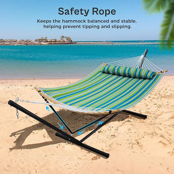SUPERJARE Curved-Bar Hammock with Stand 2 Person Heavy Duty Hammock Frame Detachable Pillow &amp Portable Carrying Bag Perfect for Outdoor &amp Indoor Thin Blue and Green Stripes