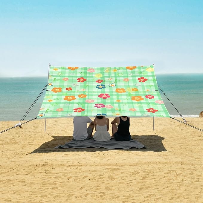 Beach Canopy with Windproof Ropes &amp Sandbags Beach Tent Sun Shade Sun Shelter for Camping Trips Fishing Backyard Fun or Picnics Flowers
