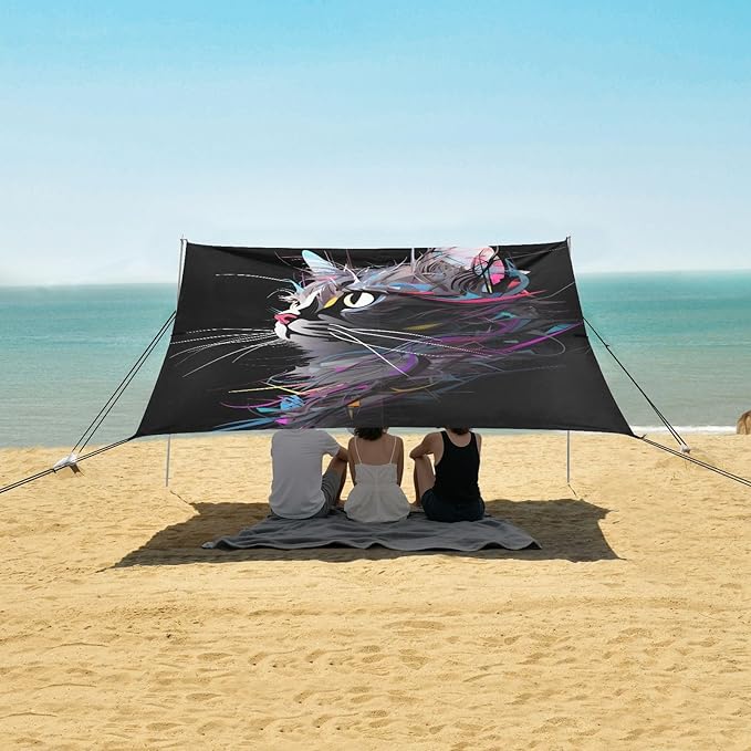 ALAZA Cat Art Painting Beach Tent Sun Shelter UPF50+ Protection Beach Shade Canopy w/ 4 Sandbags for Outdoor Camping Fishing Backyard Fun Picnic 10x9 ft