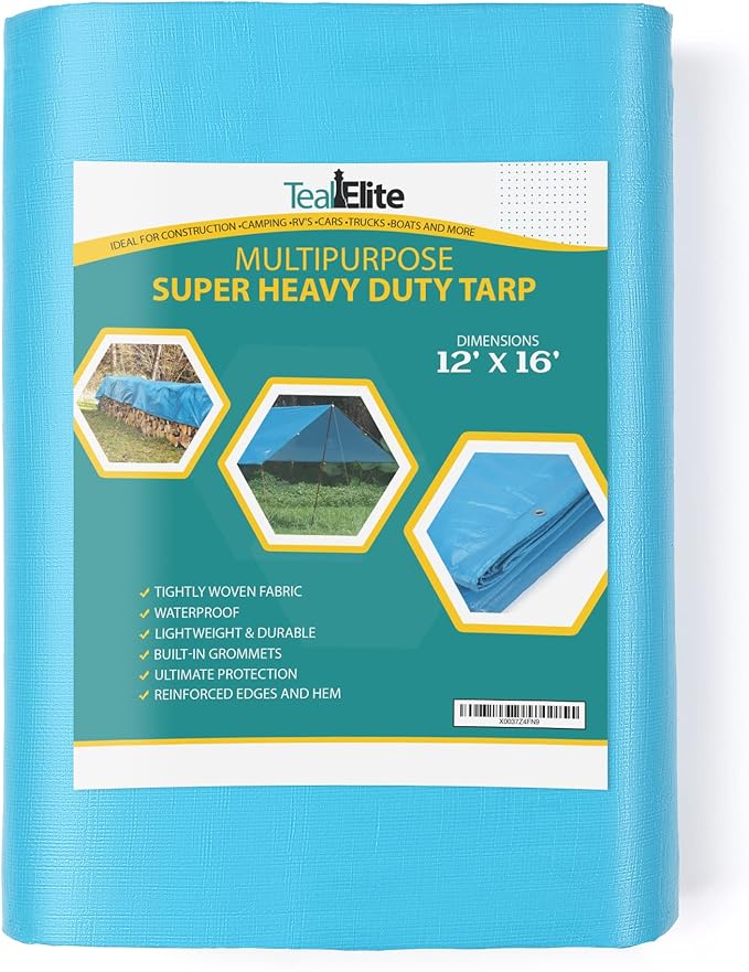 Tarps Heavy Duty Waterproof 12x16-12 mil Thick Camping Tent - Blue Tarp 12x16 UV Resistant Rip &amp Tear Proof with Metal Grommets – Multipurpose Use for Camping Tent Boat RV Car &amp Pool Cov