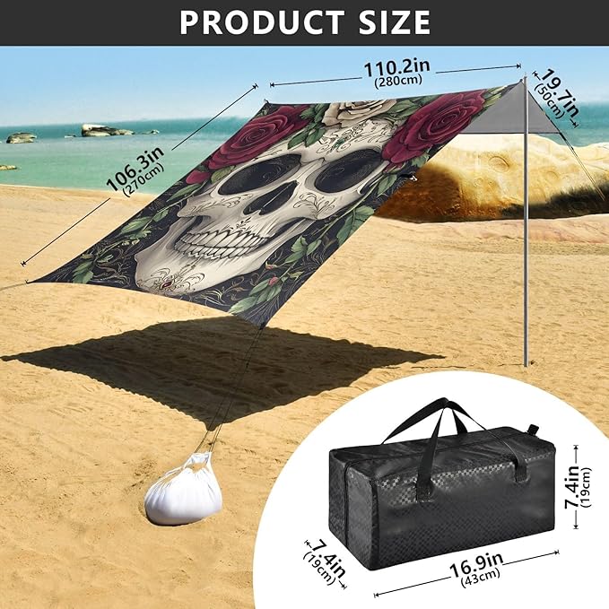 ALAZA Rose Flower Skull Beach Tent Sun Shelter Portable Canopy Sunshade for Outdoor Camping Picnics Backyard Fun 10x9 ft
