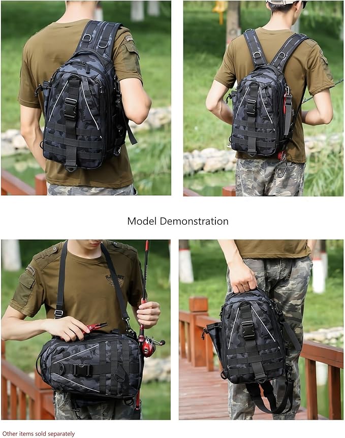 Mint &amp Moss Tactical Backpack for Men Water Resistant Tackle Backpack with Rod Holder &amp Tackle Box Kit Lightweight Sling Fishing Bag for Trekking Survival Camping Fitness Travel (Camo)