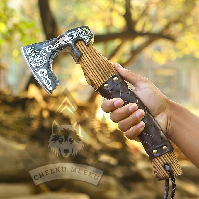 Custom Handmade Carbon Steel Real Viking Axe HatchetCamping Axe Birthday Gift for him Leather Wrapped Handle and Leather Sheath ((FM 24))