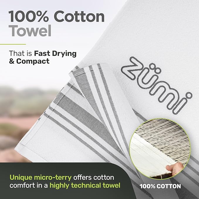 Zumi 100% Cotton Quick Dry Large Travel Towel - Soft Thin Compact Highly Absorbent Lightweight Camping Towel for Beach Gym Bath Shower Swimming Dorm RV - White