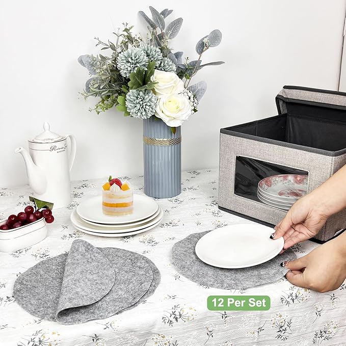 homyfort China Storage Containers With Lid and Handles Dinnerware Storage Box for Dishes with 12 Felt Dividers Hold 24 Plates12 x 12 Set of 2 Light Grey