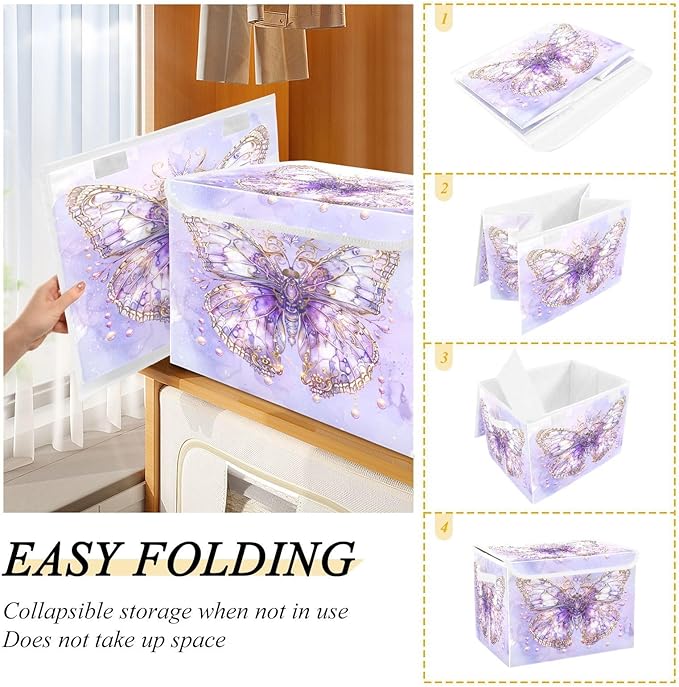 MNSRUU Containers Baskets with Lids Fantasy Purple Butterfly Foldable Storage Bins Organizer with Lid Collapsible Storage Boxes for Home Bedroom Closet Office