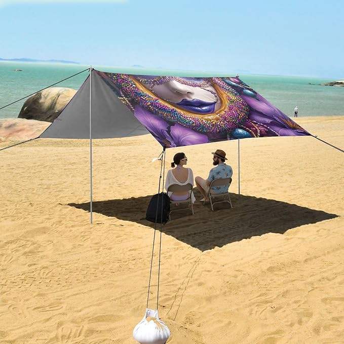 Irises Beads Mask Doughnut Hat Mardi Gras Foldable Beach Canopy UPF50+ Protection Waterproof Portable Sun Shelter with Sand Pockets for Family Trips Picnics &amp Camping