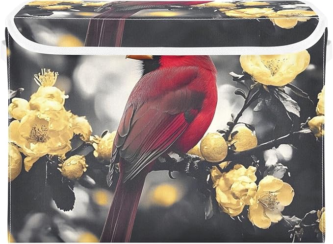 AIXIWAWA Lidded Storage Cube (Gold Flower Bird) Fabric Foldable Closet Bins with Flip Lid and Handles Organizer Basket Container 16.5 x 12.6 x 11.8 IN