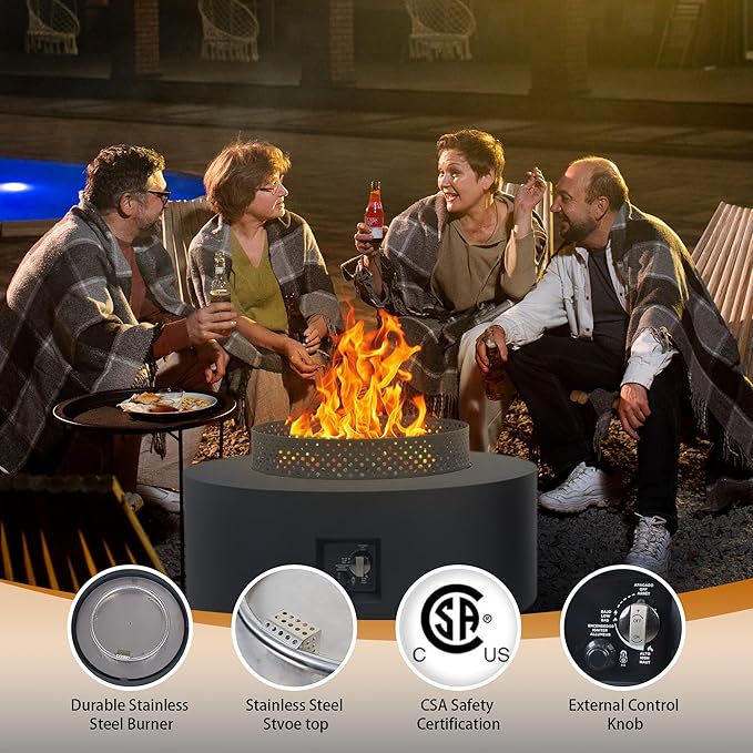 3-Piece Outdoor Fire Pit Table 32 Inch Propane Fire Table 65000 BTU Black Round Gas Firepit Baking Sheet Wind Guard and 16 inches Tank Side Table for Deck Backyard and Pool Black