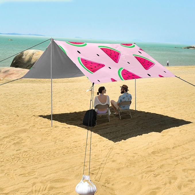 Beach Canopy with Windproof Ropes &amp Sandbags Beach Tent Sun Shade Sun Shelter for Camping Trips Fishing Backyard Fun or Picnics Watermelon